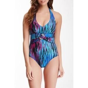 Spanx Wavelength blue one piece halter swimsuit shaping slimming Size 10
